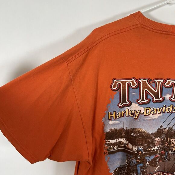 VTG 2001 Harley Davidson T Shirt Men XL Orange TNT Quincy IL Double Sided STAINS - Picture 5 of 15